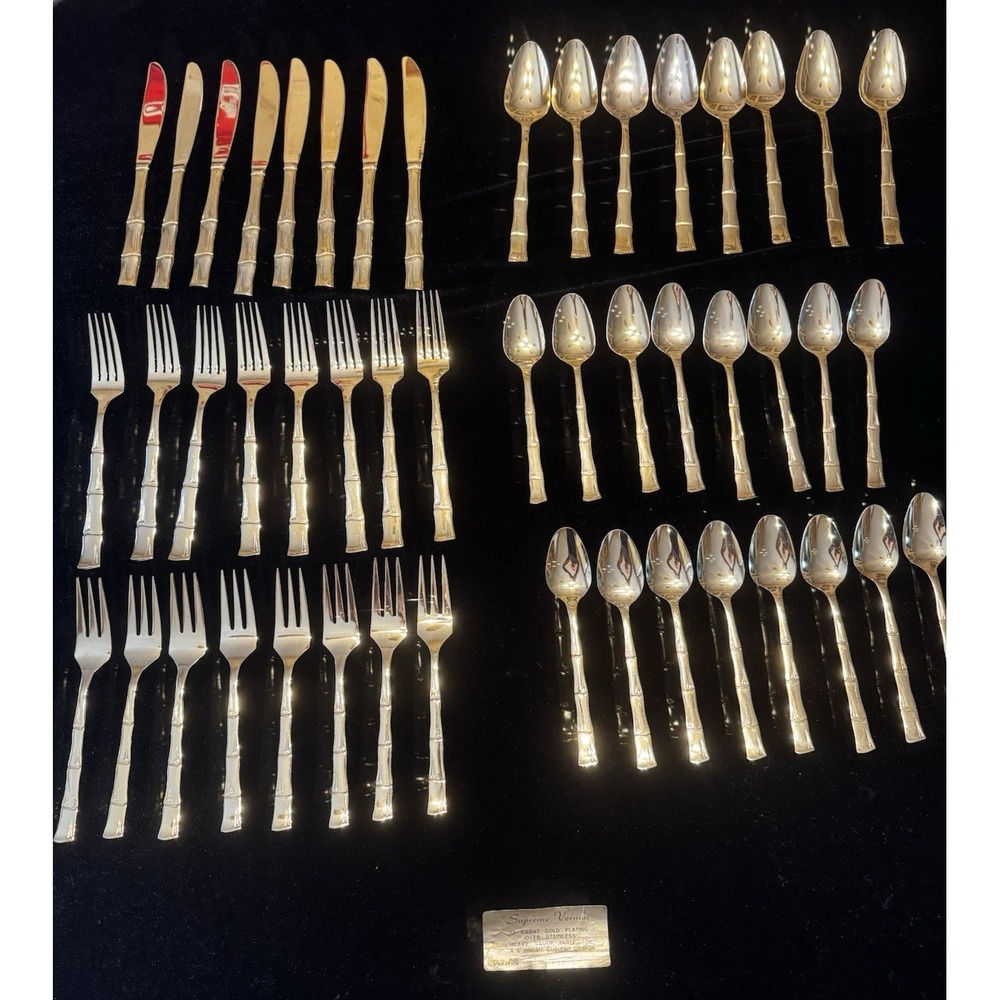 Stunning Vintage 23K Gold Plated Bamboo Flatware Set (50-Piece Svc for 8+Servers